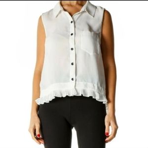 CAbi White Pleated Button Down Sleeveless Blouse, Size Small